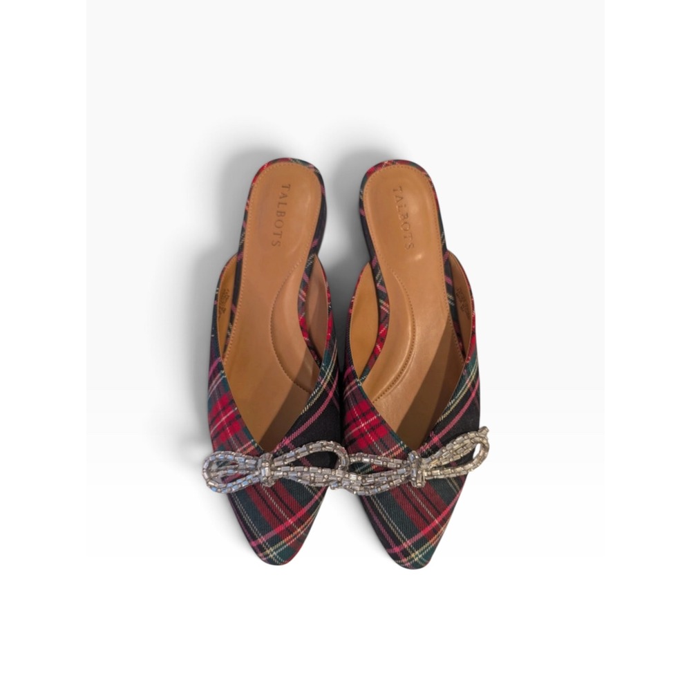 Talbots Edison Dashing Plaid Rhinestone Bow Mules Red Green Christmas Flats 8M
